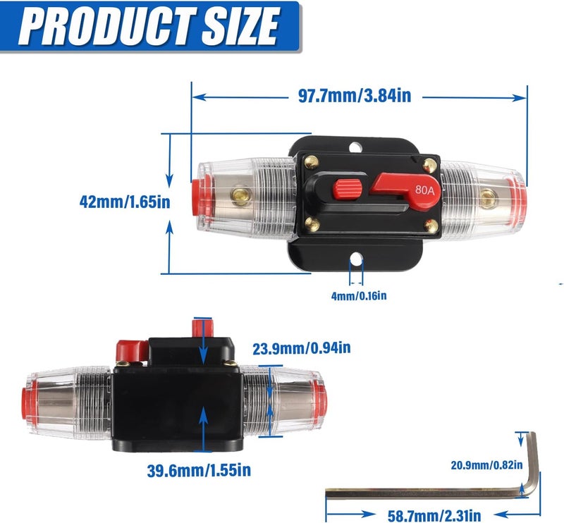 BOJACK 80A Audio Inline Circuit Breaker Reset Fuse Holder 12-24V DC Manual Reset Fuse Holder 3-15 AWG Overload Protection for Car Audio Sound Amplifier System RV Marine Boat Truck Solar Inverter - Image 2